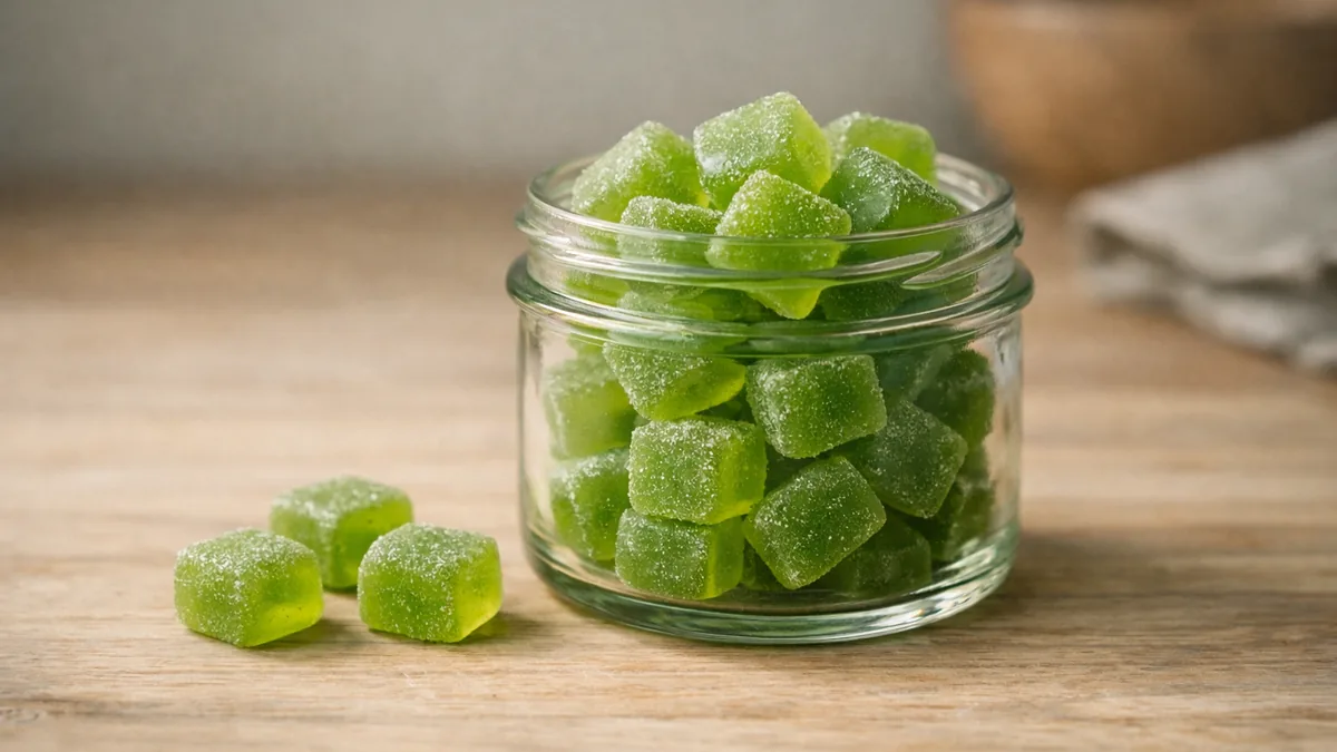 A glass jar of matte natural-green kratom gummies on a wooden surface, with a few resting beside it.
