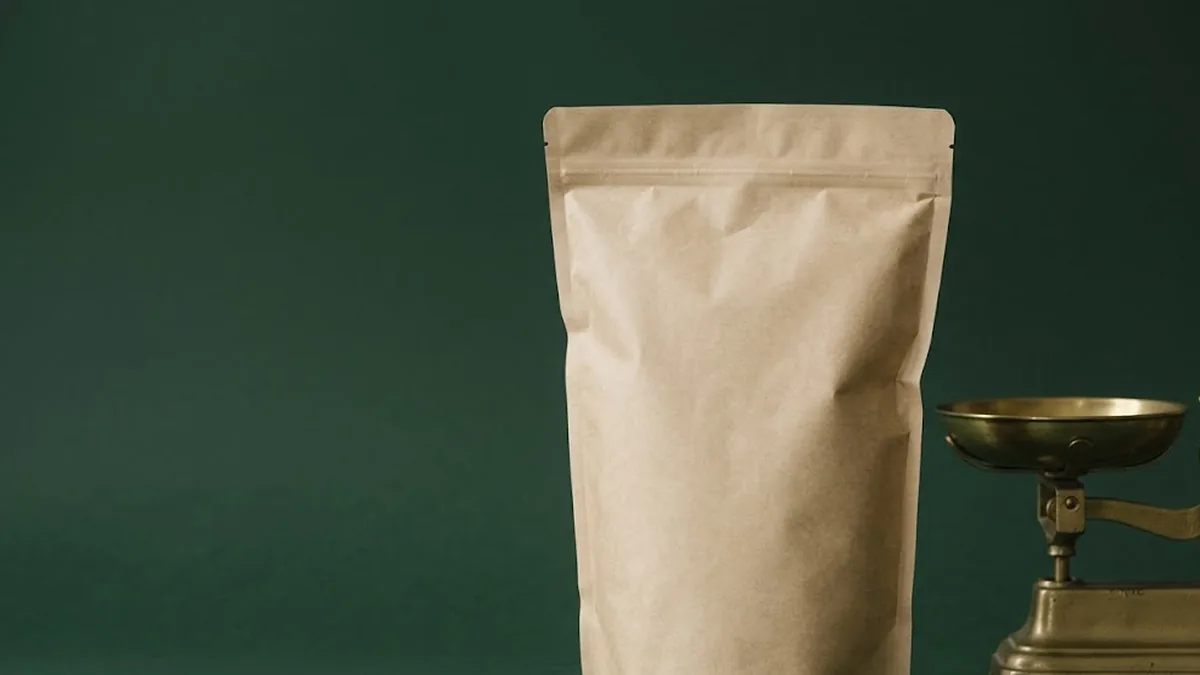 A kilo-sized kraft pouch of kratom standing beside a brass kitchen scale.