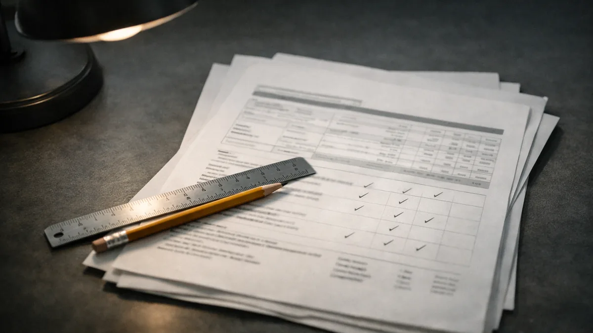 A printed multi-page laboratory report on a desk under a task lamp, with a ruler and pencil resting across it.