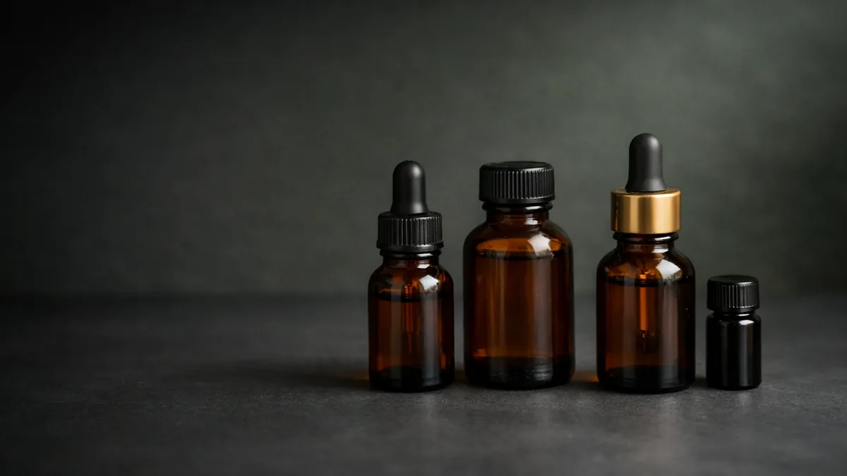 Four unlabelled amber glass extract bottles of varying sizes on a dark matte surface.