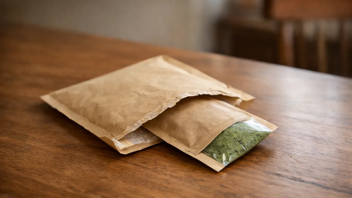 An opened padded shipping envelope on a kitchen table with a small one-ounce kraft pouch of green kratom powder half slid out of it.