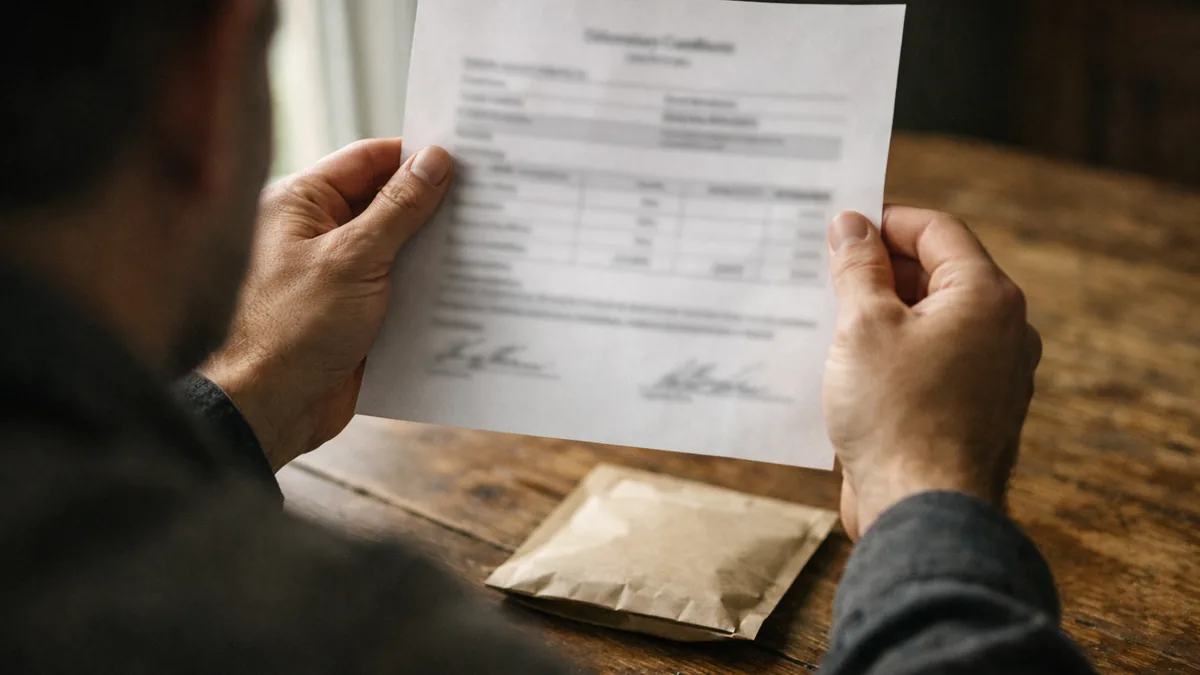 A person holding a printed laboratory certificate of analysis up to the window light, examining it, with a sealed kraft pouch of kratom on the table below.