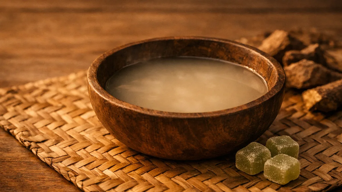 A traditional wooden bowl of pale cloudy kava on a woven mat in warm evening light.