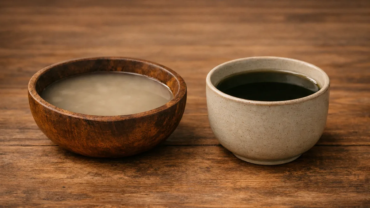 A wooden bowl of pale kava beside a ceramic cup of dark kratom tea, evenly lit so neither is favoured.