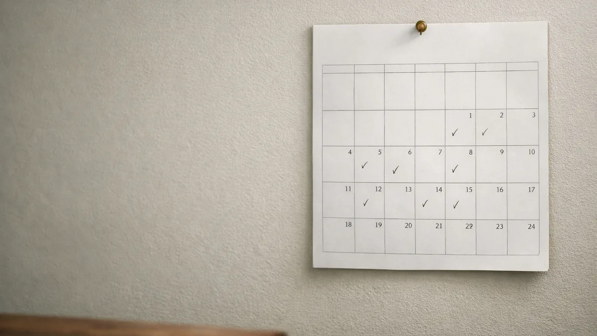 A paper calendar pinned to a plain wall with a handful of days marked in pencil.