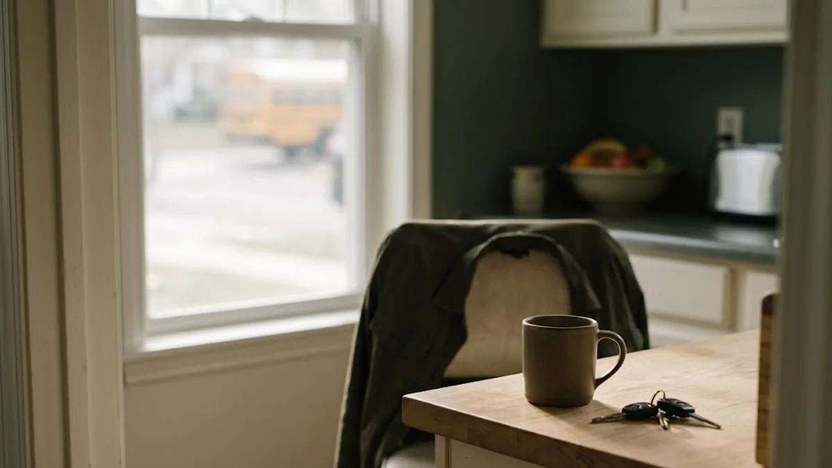 An ordinary weekday kitchen counter in morning light with a mug, a jacket over a chair and car keys on the table.
