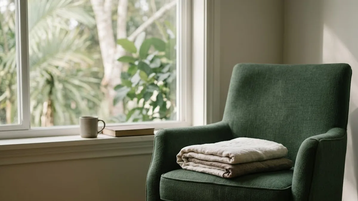 An empty armchair by a window with a folded blanket, light moving across the room.