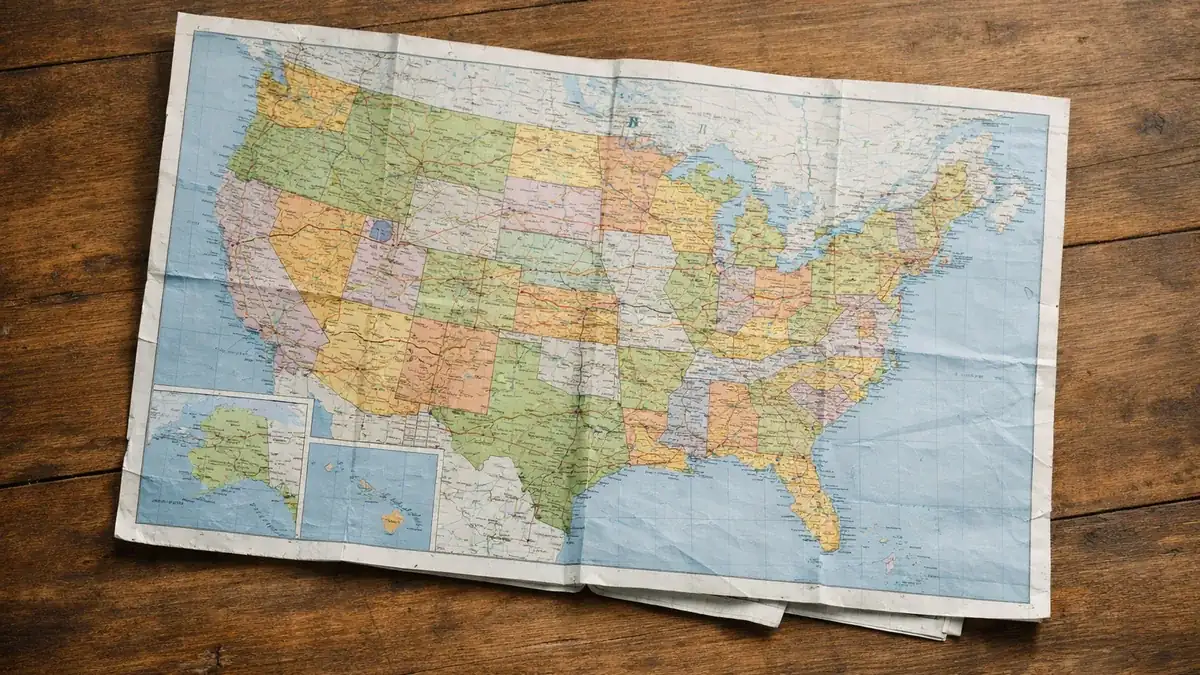 A folded paper road map of the United States on a wooden table.