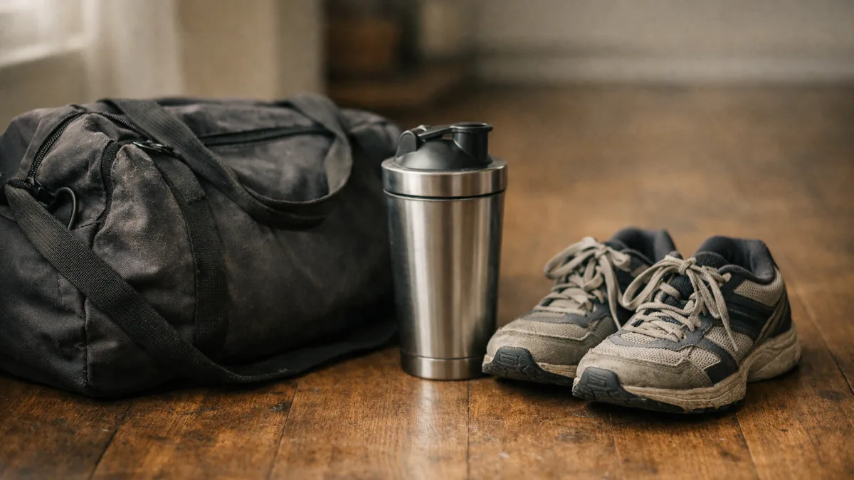 A worn gym bag, a steel shaker bottle and a pair of well-used trainers on a wooden floor.