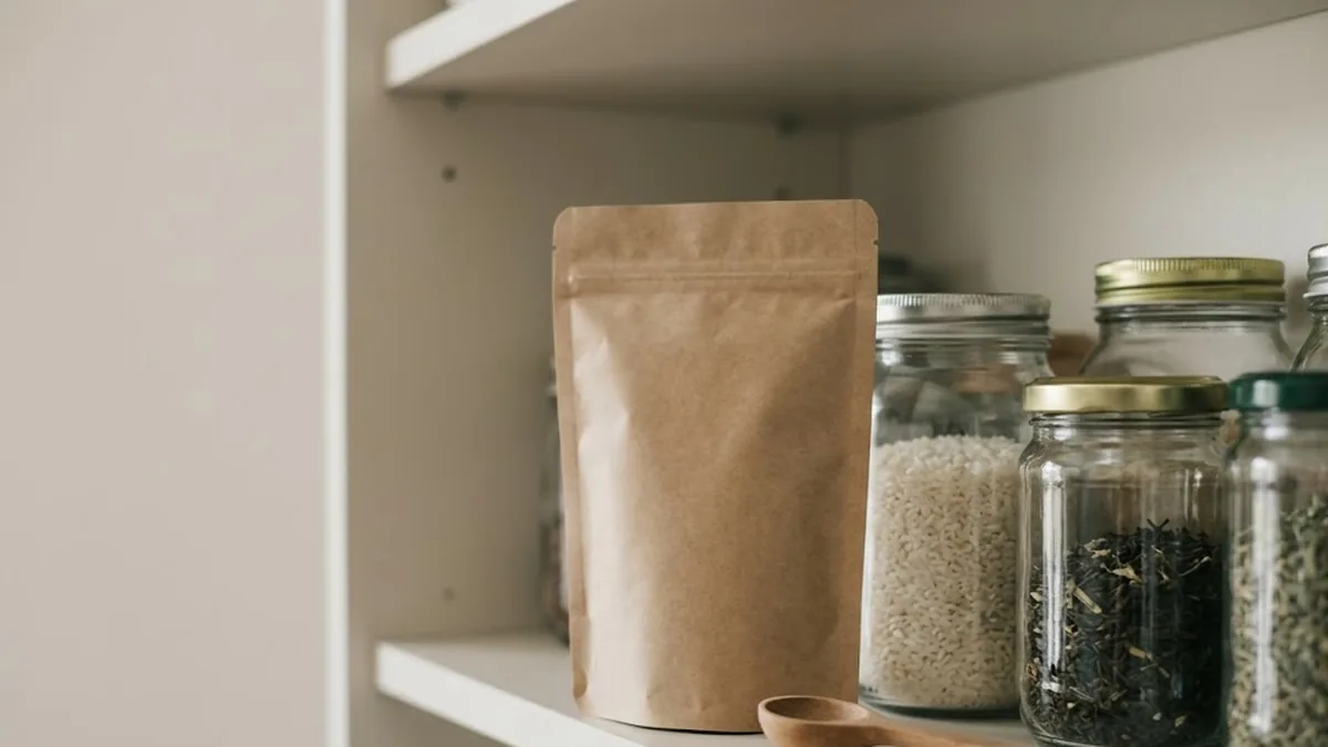 A kraft pouch of kratom on a kitchen shelf beside ordinary jars of rice, tea and dried herbs.