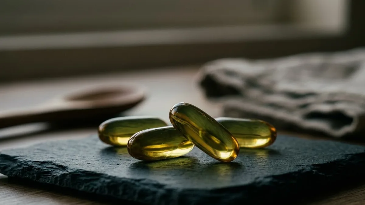 Translucent amber kratom extract softgels on a slate coaster, catching warm side light.