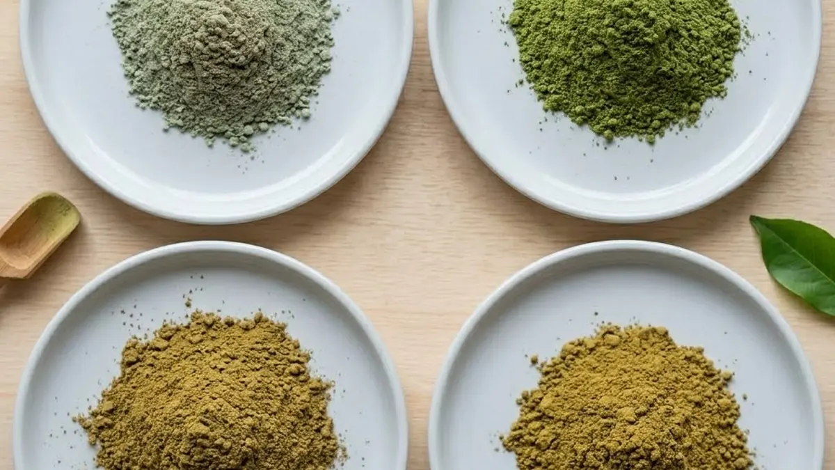 Four ceramic dishes of kratom powder showing the natural colour range: pale silver-green, vivid green, olive-brown and golden-yellow.